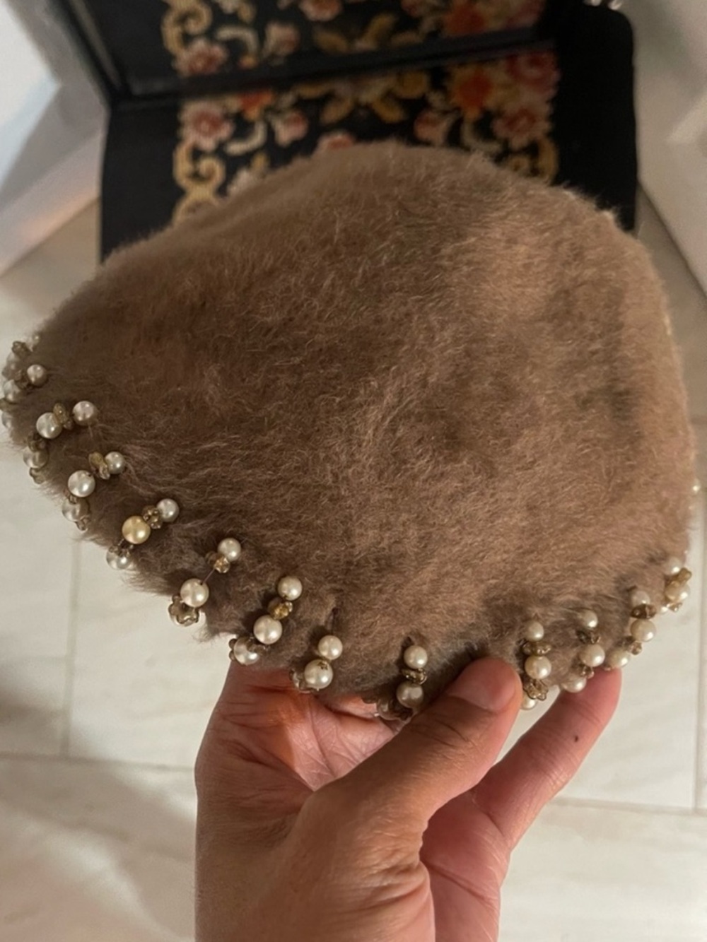 Vintage pearl furry beret